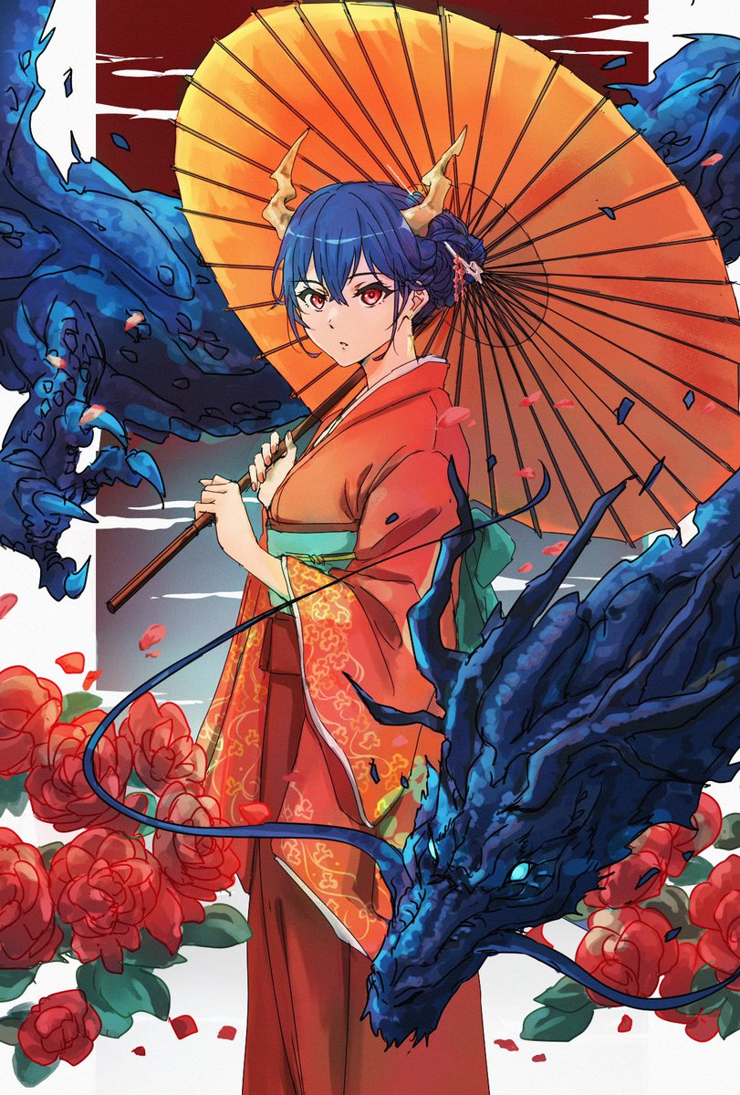 ch'en (arknights) 1girl umbrella dragon horns japanese clothes kimono oil-paper umbrella  illustration images