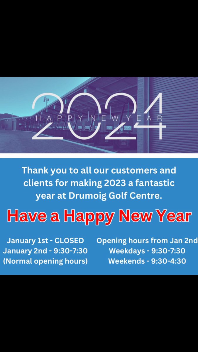 Happy New Year to one and all. We look forward to welcoming all our fantastic customers 🏌🏼‍♀️🏌🏾‍♂️🏌🏾‍♂️🏌🏽⛳️⚽️⛳️🥏⛳️back through our doors in 2024 from 930am on January 2nd