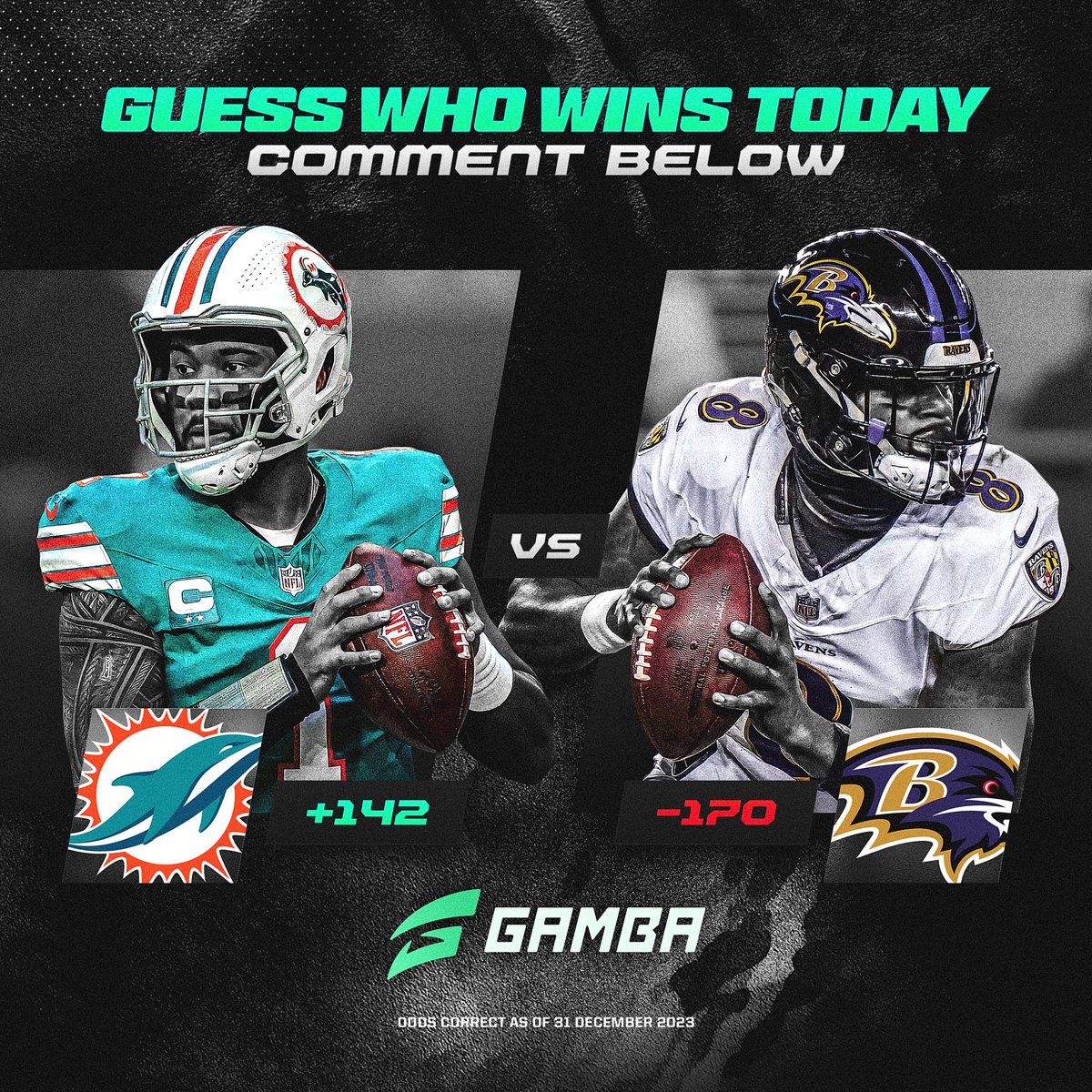 gamba's tweet photo. Battle for the No. 1 seed: Ravens vs Dolphins!🏈

Who ya got? Guess the score for a chance at $50.🔥

To Enter:
▪️ Comment your prediction and like the post

#MIAvsBAL #FinsUp #RavensFlock