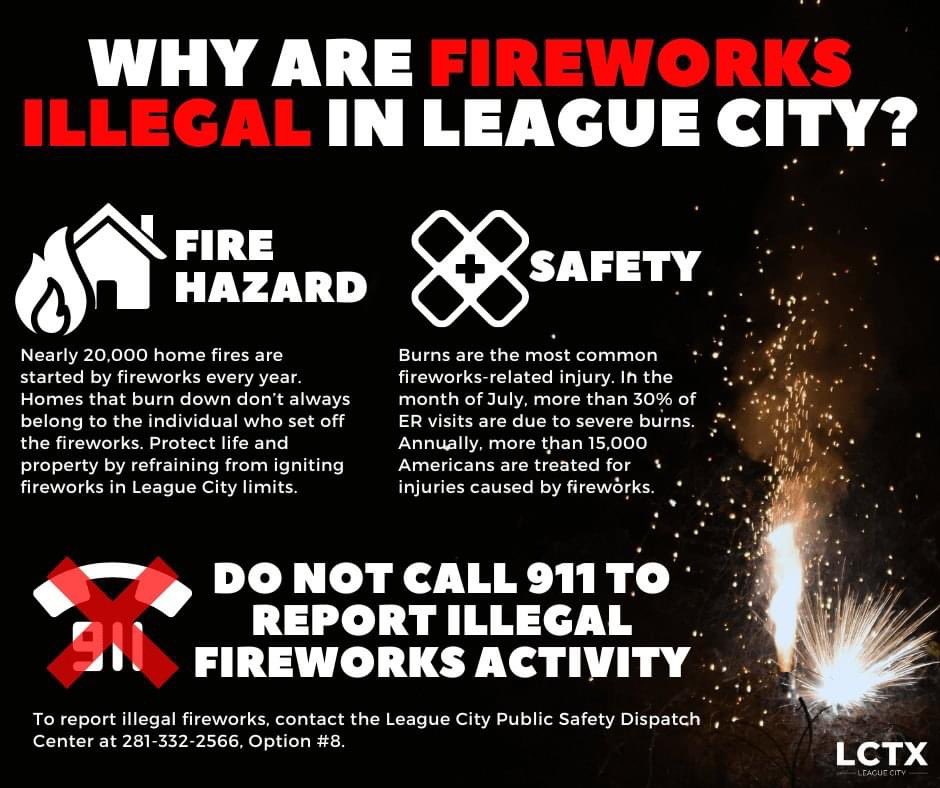 LeagueCityTX's tweet photo. 👆 As we gear up for NYE celebrations, the League City Fire Department kindly reminds everyone that discharging or possessing opened fireworks within city limits is strictly prohibited. 🚫🎆 https://t.co/PjK1tmpAVH