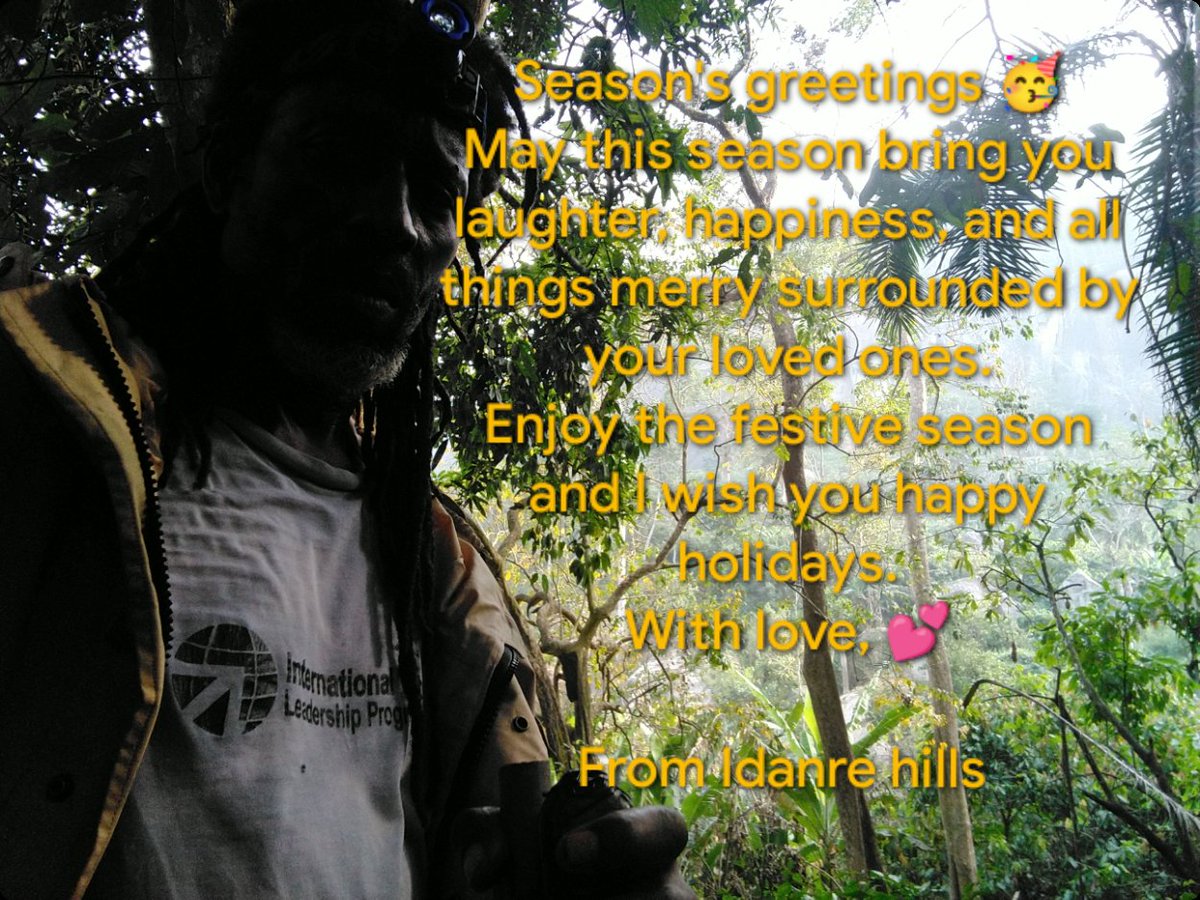 agbovet's tweet photo. Season's greetings 🥳
May this season bring you laughter, happiness, and all things merry surrounded by your loved ones.
Enjoy the festive season and I wish you happy holidays.
With love, 💕 from Idanre hills #hiking #chimptracking @exchangealumni @inaturalist @IUCN https://t.co/jH5QaNBfZY