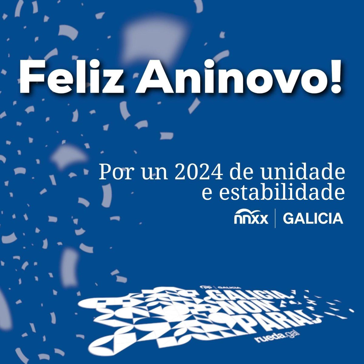 nnxxgalicia's tweet photo. 🥂 Por un 2024 de unidade e estabilidade. Por un 2024 cheo de sentidiño. Por un 2024 no que Galicia non pare. Feliz Aninovo, mocidade galega!! 🎊💙 https://t.co/XQO6RLfB2m