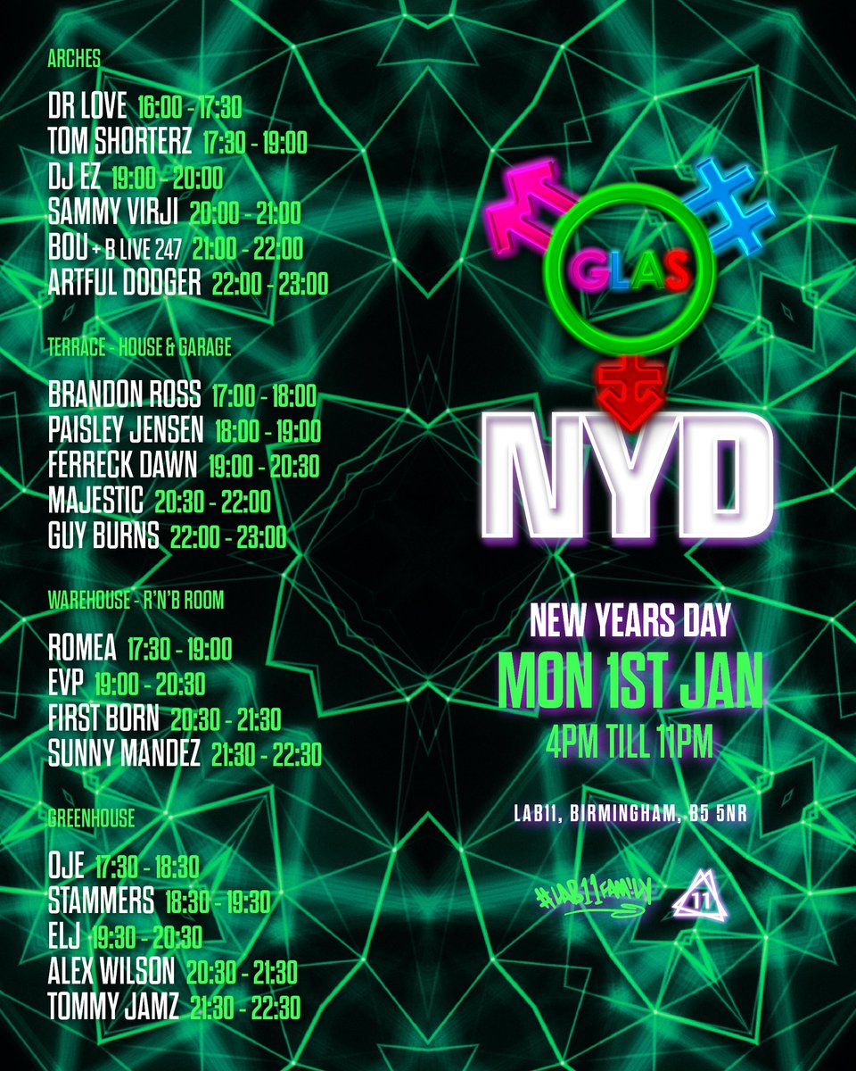 GLAS NEW YEARS DAY // 1 MORE SLEEP TO GO. 🎉🎊 Set times revealed! 🤪 🚀 🔥 Final release tickets running low with less than 200 left! ⚠️ 🎫 Doors open at 4pm & last entry is 6pm. 🤝 skiddle.com/whats-on/Birmi… #GLAS #LAB11 #LAB11FAMILY