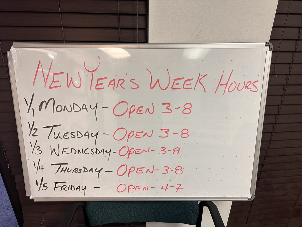Hours for New Year’s Week. We ARE OPEN New Year’s Day.
