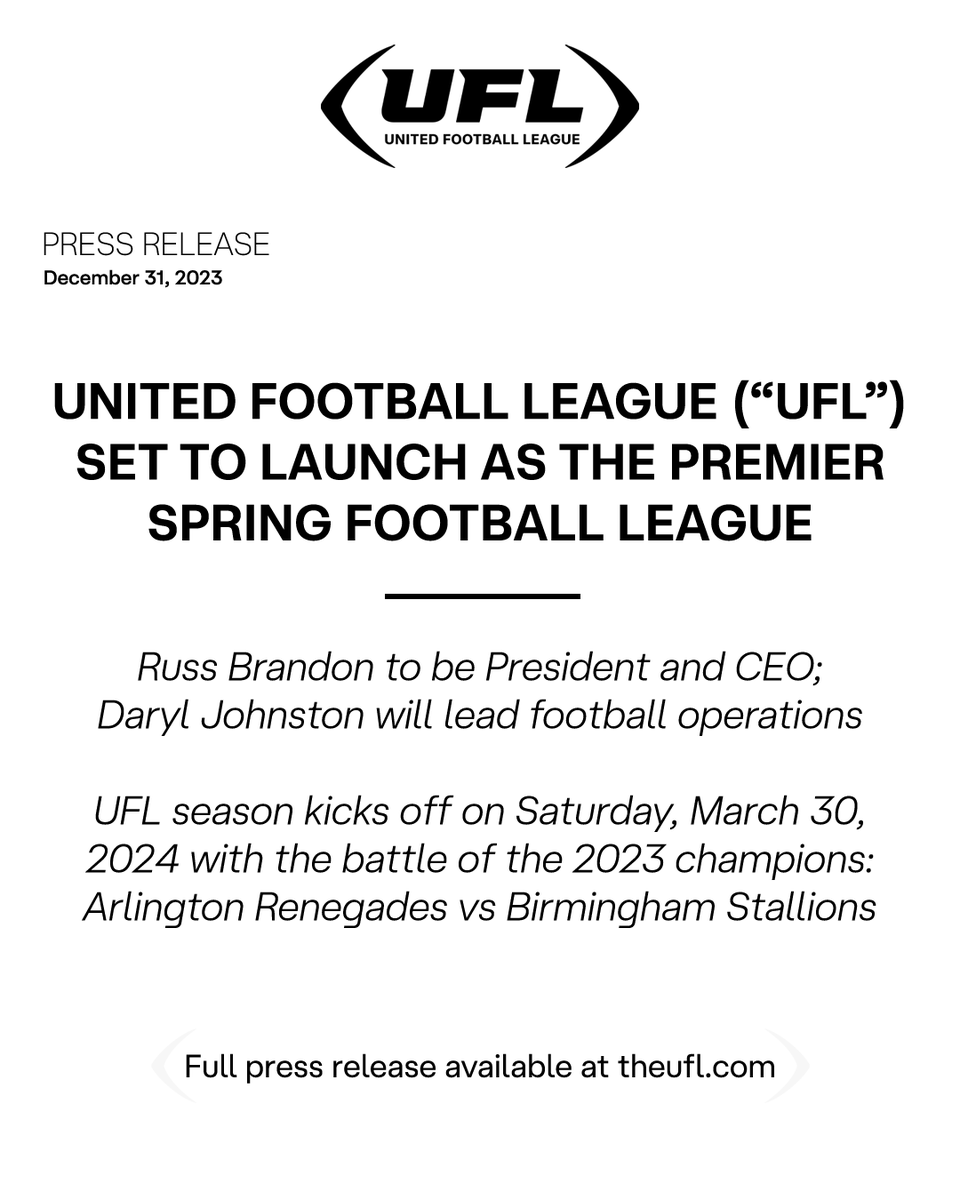 Today marks the official announcement regarding the launch of the United Football League (the “UFL”), the premier spring football league that will result from the merger of the XFL and USFL.

Read more: theufl.com/news/united-fo…