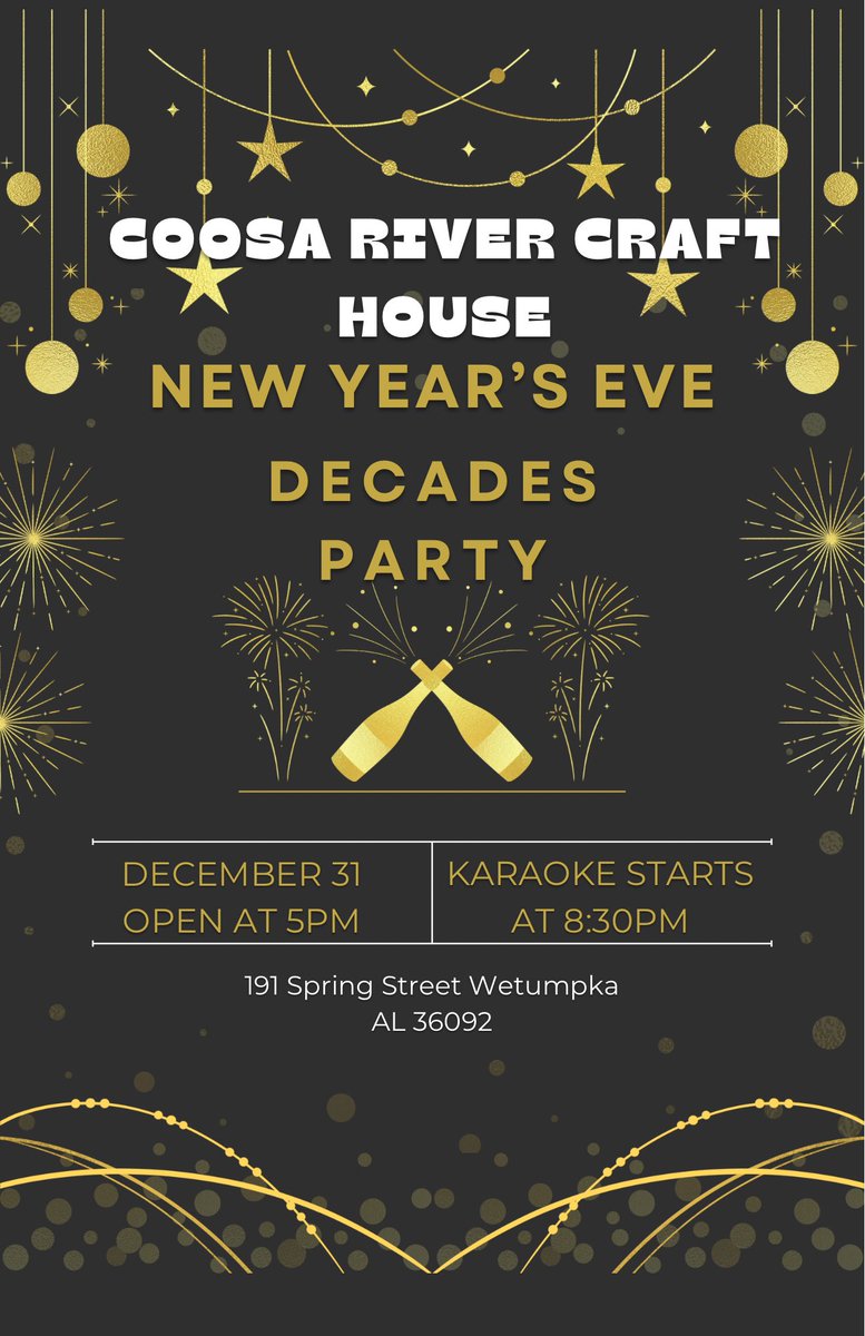 CoosaCraft's tweet photo. Come bring in the New Year with us! We’re having a decade’s party, come dressed from the decade you were born in(optional of course). We will be opening at 5pm with Roger Lee starting karaoke at 8:30pm https://t.co/QIem21qlM5
