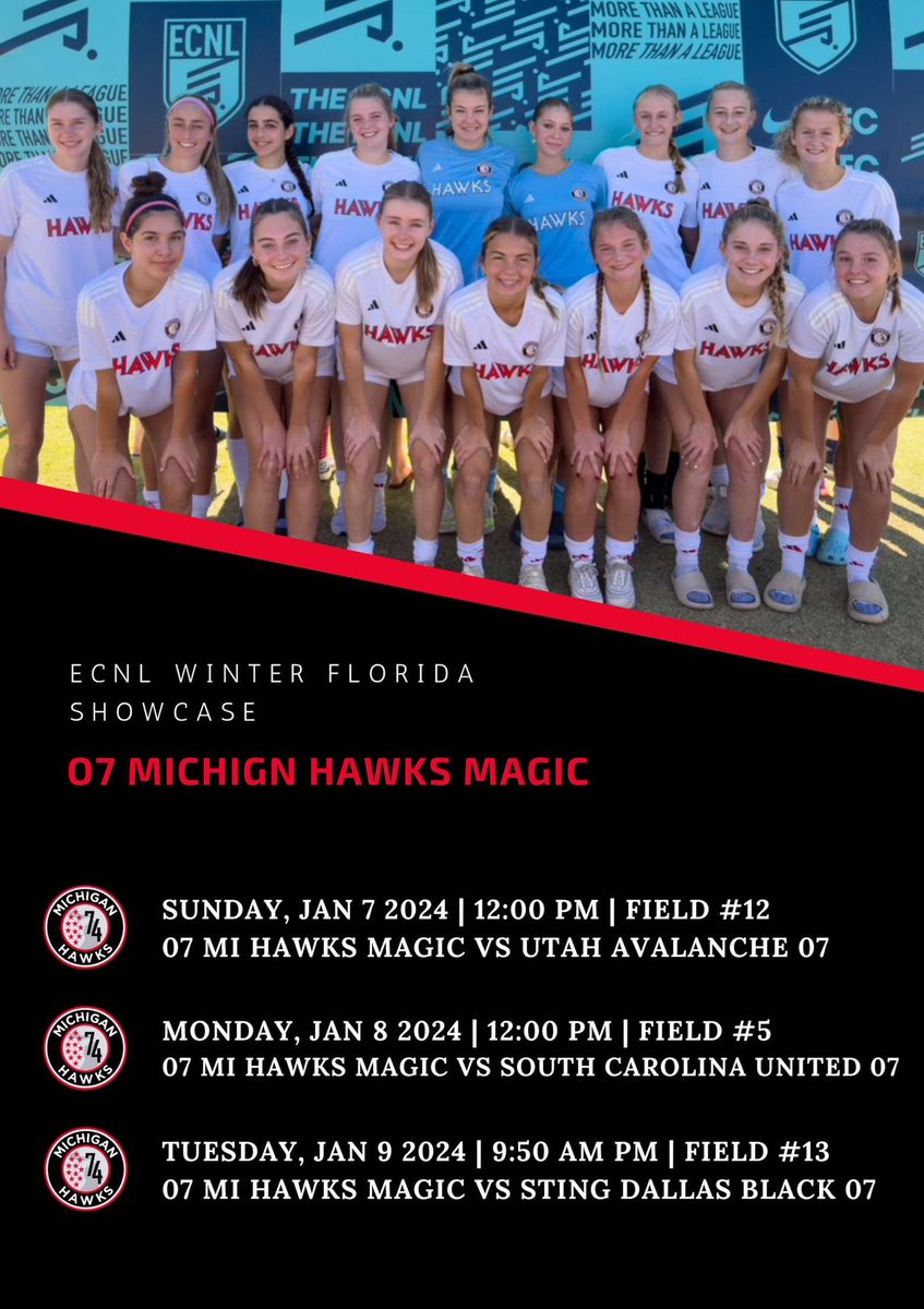 Can’t wait for #ECNLFLORIDA 🌴🌴🌴🌴this week! Make sure to stop by to see the <a href="/Hawks07Magic/">Michigan Hawks Magic 07 ECNL</a> team kickstart the new year with great soccer and great competition!!!