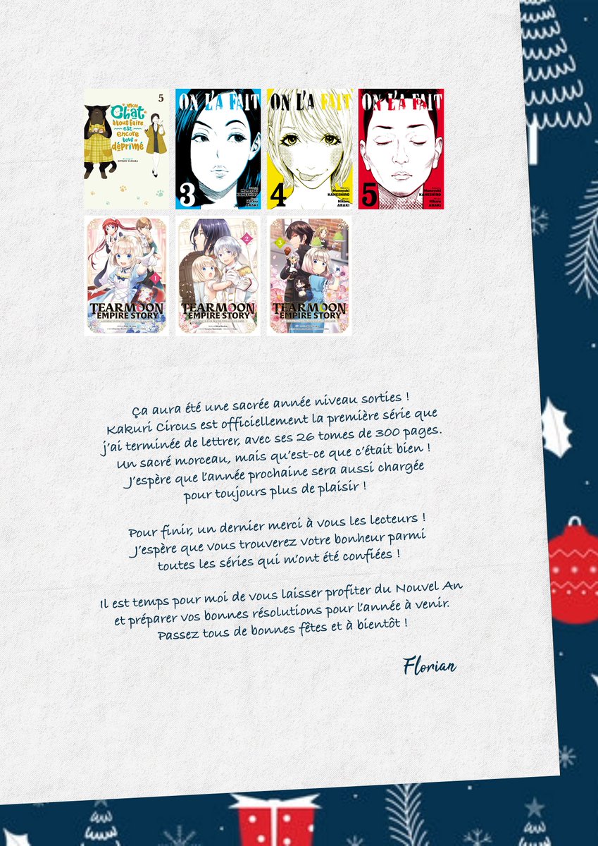 FlowOTK's tweet image. Comme chaque année, c'est l'heure du bilan et des remerciements ! Merci à @MeianFR, @noevegrafx et @ki_oon_Editions pour cette nouvelle année de lettrage ! Et un autre merci à @OnTakahashi et @kaorinchan sans qui cette aventure n'aurait pas été possible ! 
Bon réveillon à tous!🥳
