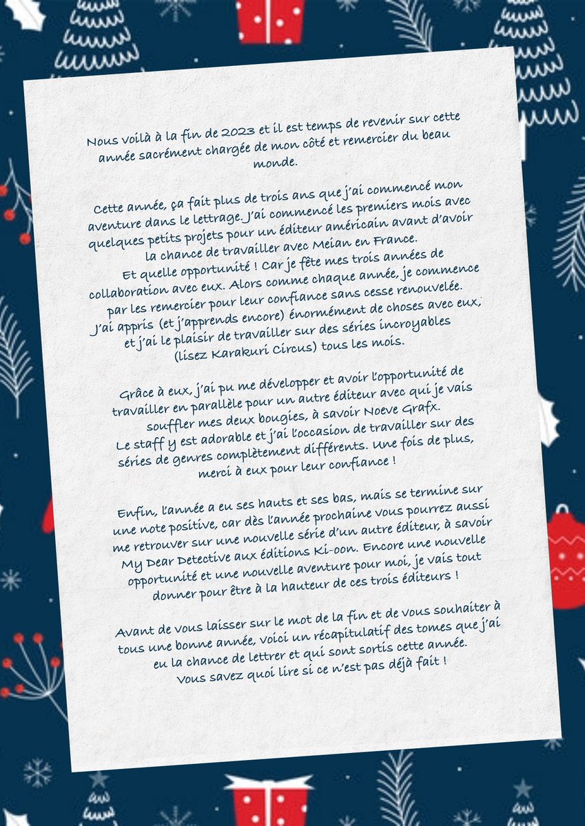 FlowOTK's tweet image. Comme chaque année, c'est l'heure du bilan et des remerciements ! Merci à @MeianFR, @noevegrafx et @ki_oon_Editions pour cette nouvelle année de lettrage ! Et un autre merci à @OnTakahashi et @kaorinchan sans qui cette aventure n'aurait pas été possible ! 
Bon réveillon à tous!🥳