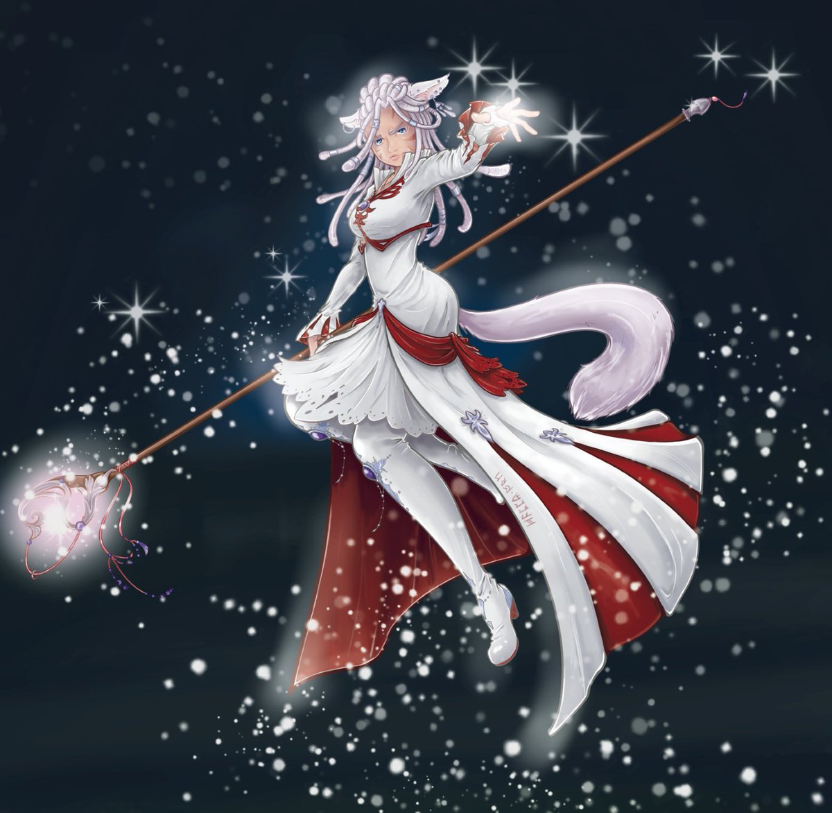 Last image for 2023. I really enjoyed that one brush that makes all the lil light balls hehehe

my WoL P'tchakah casting some White Magic. I took some liberties with the gear cause I feel it needs more red.