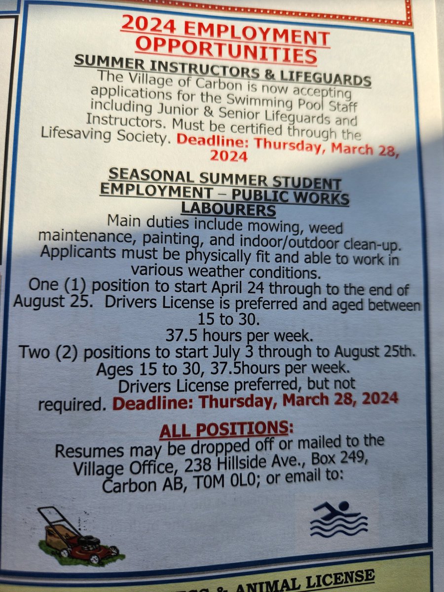 DeanaRayAgon's tweet photo. Carbon, #Alberta. 495 people, 225 households, avg. age 44.3. Visited friends there. Apparently, if you want to be a public works labourer for the town, you need to be "between the ages of 15 and 30".  Promoting their age discrimination in their newsletter. #abpoli #ableg #cbcnews https://t.co/wsF2FVKZk2