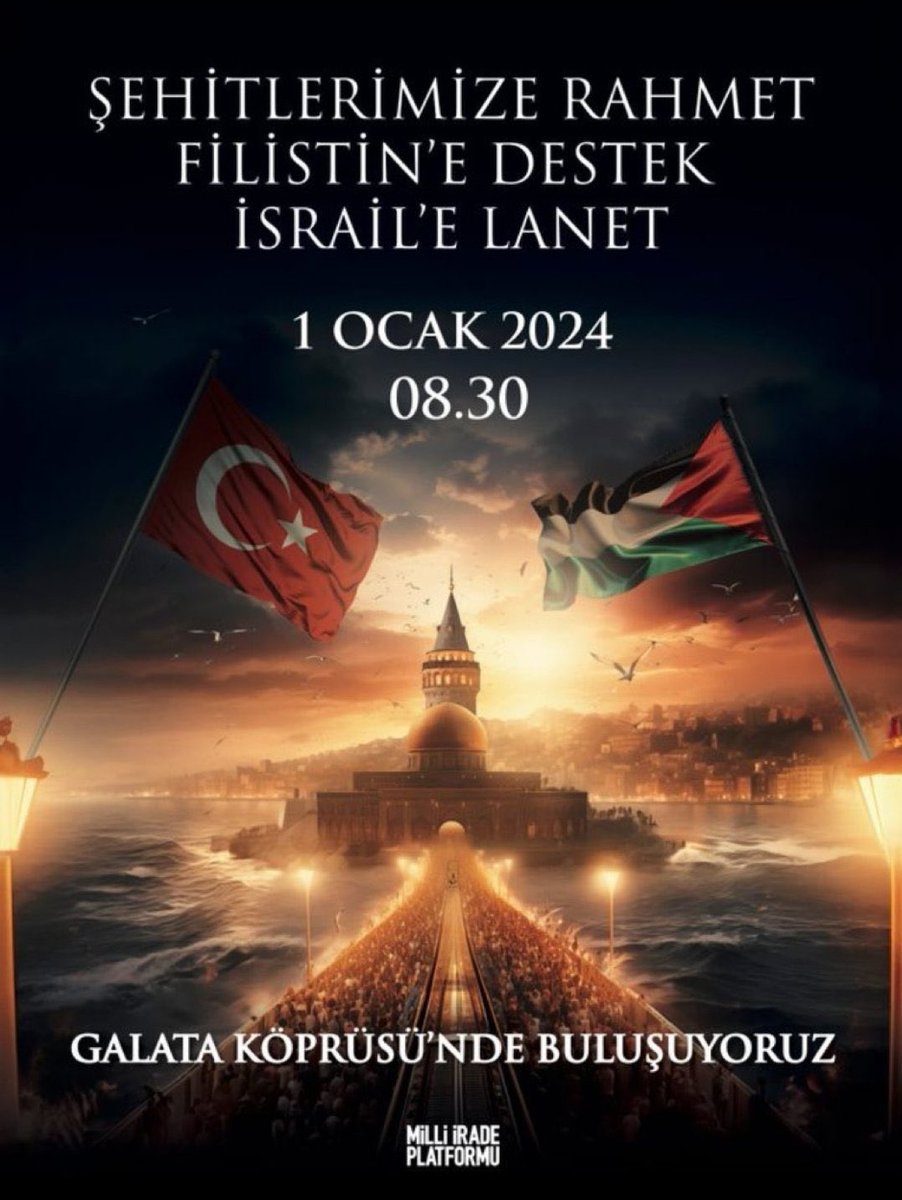Buluşmaya, 
yek vücut olmaya,
şehitlerimize rahmet
siyonizme lanet okumaya,
Filistin’e moral olmaya, 
yüzbinlerce avuç aynı anda dua olmaya 
AZ KALDI ! 
Sabah 08.30 da Galata Köprüsü’nde 
#WeAreOne <a href="/tugvaTR/">TürkiyeGençlikVakfı</a>