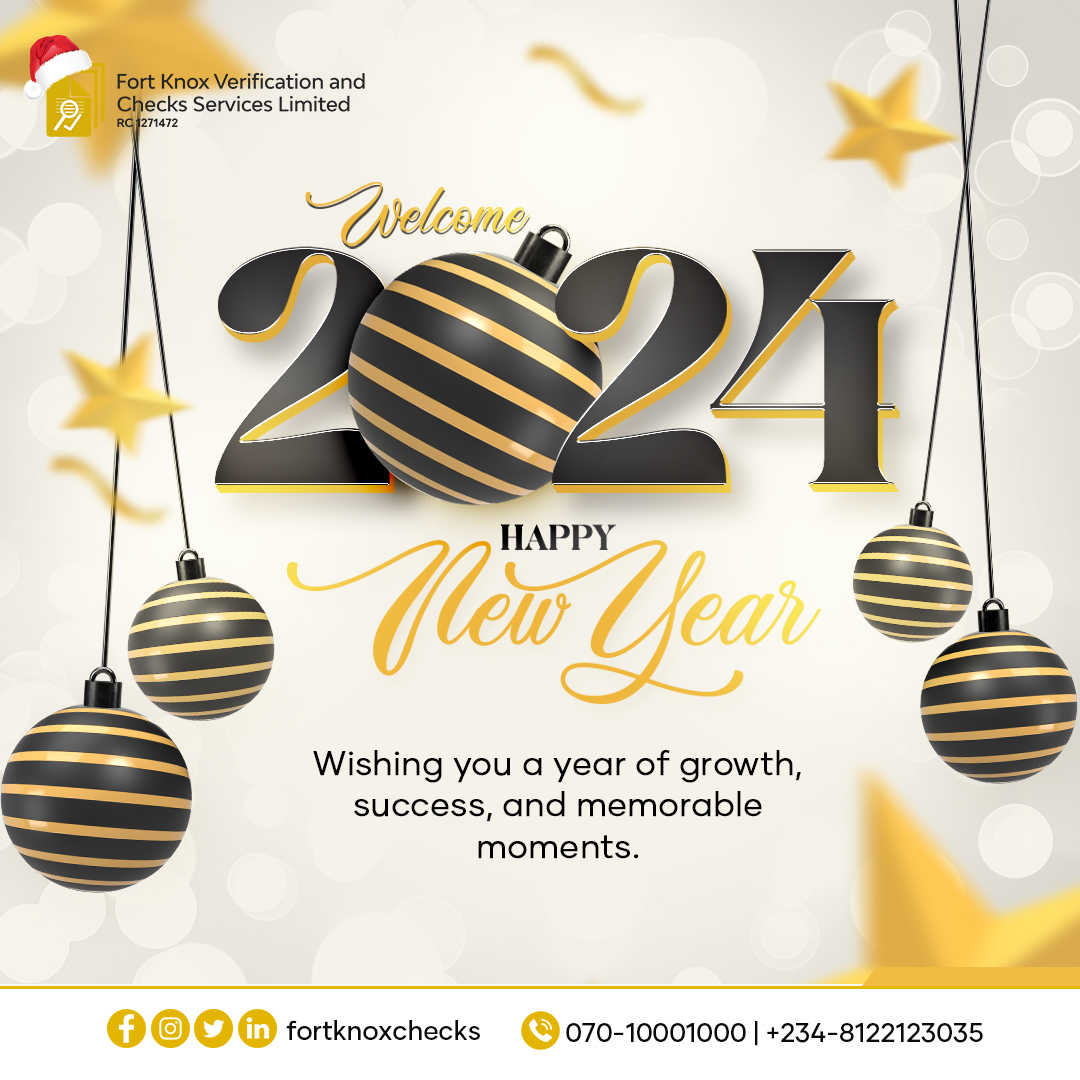 Wishing you a year of growth, success, and memorable moments. Happy New Year!
--------
#fortknoxchecks #securityguards #ComplimentsOfTheSeason #happyholidays #HappyNewYear2024 #january #verification #fraud #backgroundcheck #seasonsgreetings #holidaygifting #newmonth #newyeargoals