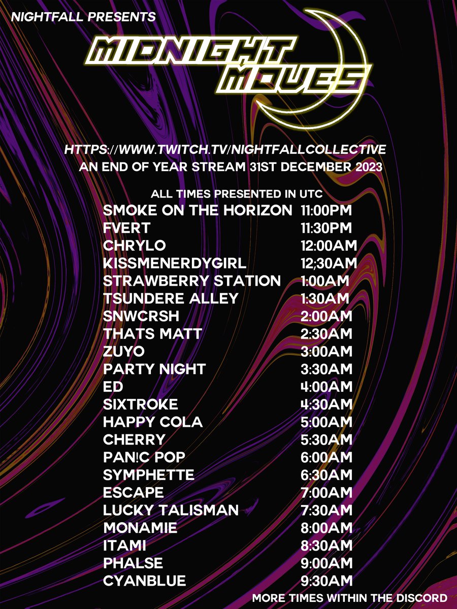 nightfallcolle's tweet photo. NIGHTFALL PRESENTS MIDNIGHT MOVES AN ONLINE STREAM

LIVE IN 5 HOURS @ https://t.co/w7HovYPL9n

Join Our Discord @ https://t.co/E0K4mvRq2q https://t.co/YfEElyv001