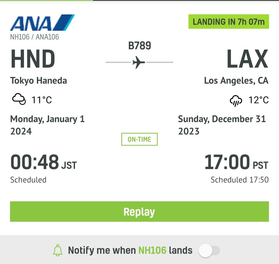 Flight NH106 has taken off in 2024 and will land in 2023 ⏱️📆 via @RadarBoxCom @ANA_travel_info