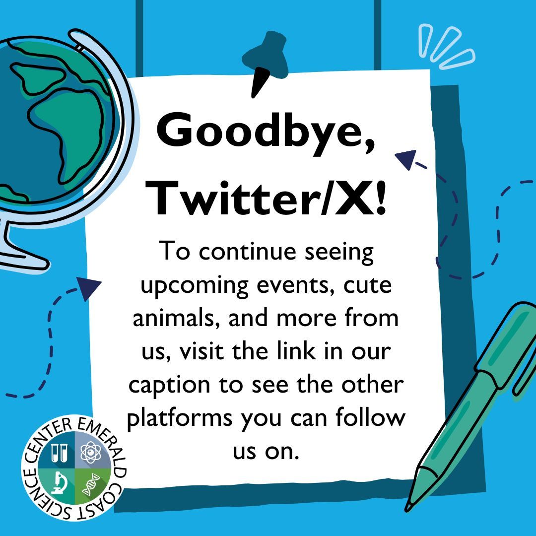 ECScienceCenter's tweet image. Goodbye, Twitter/X! 👋 We'll be discontinuing our use of this platform.

To continue seeing upcoming events, cute animals, and more from us, here are our other platforms where you can follow us: buff.ly/3tq1fjV