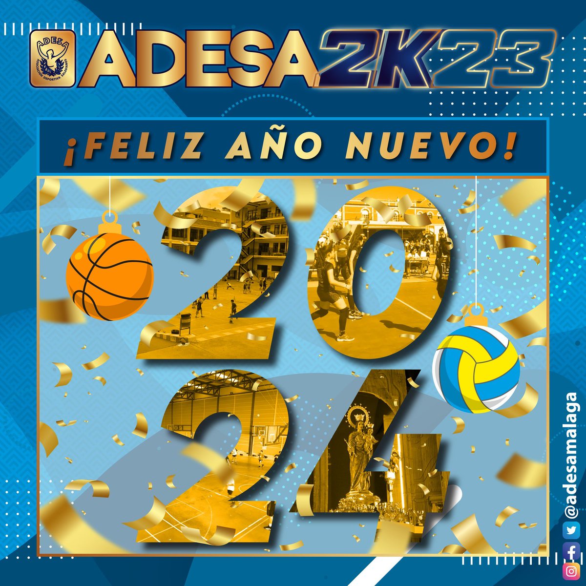 AdesaMalaga's tweet photo. ¡¡ FELIZ AÑO NUEVO !! 🥳 🎉 🎊
Desde nuestro club deseamos a jugadores, educadores, familias, árbitros y competiciones el mejor comienzo de año posible. #Adesa2K23 #ForzaAdesa @SalesianosMLG https://t.co/wHAJTS1aBL