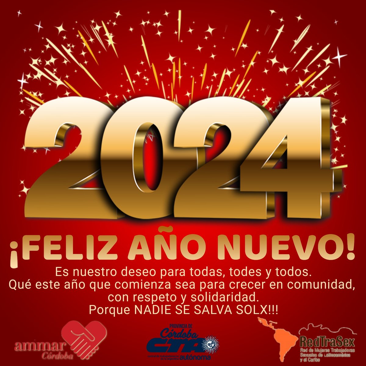 AmmarCordoba's tweet photo. Saludamos a toda la comunidad en este fin de año! 
Por un 2024 donde aprendamos que quien está al lado puede ser un aliade más que un enemigo, que nadie se salva solx. Por que las diferencias sean mucho menores que aquello que nos une. Amor y salud para todas, todxs, todos!!!🥂 https://t.co/blLigxeJjn
