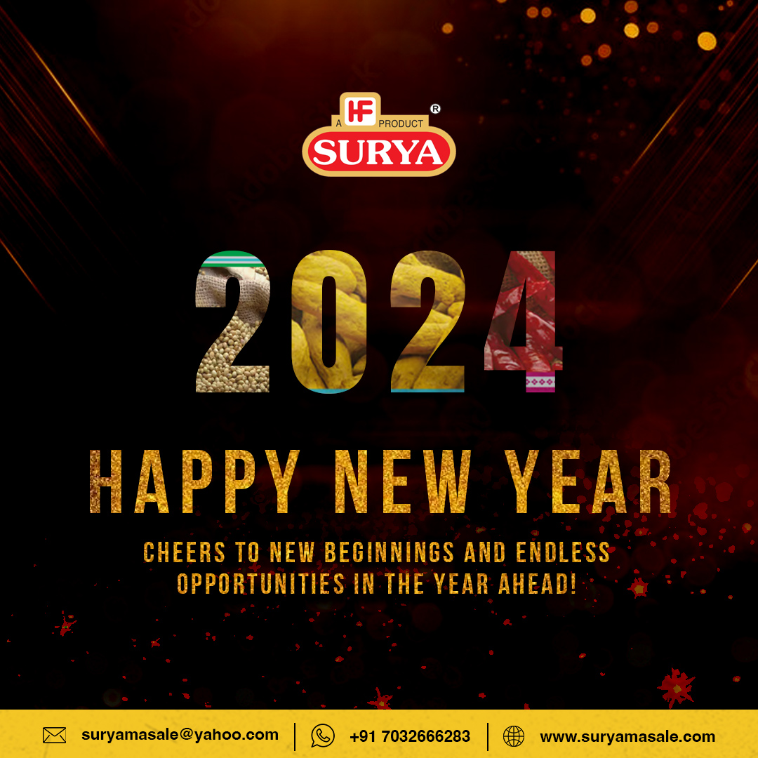 Surya Masale wishes you a Happy New Year! May 2024 bring you joy, optimism, and an exciting spice of life. Here's to fresh starts, new beginnings, and endless culinary possibilities. Cheers to a flavorful year ahead!🌶️🥂 #HappyNewYear #SpiceUpYourYear #suryamasale