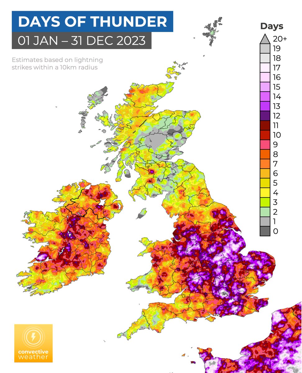 And so that was 2023... here's a look back at the days of thunder recorded during the past year. South Buckinghamshire was the hotspot with over 20 days of thunder... including today! ⚡️ Thanks for all your comments/interactions during 2023 — wishing you all a Happy New Year 🎆