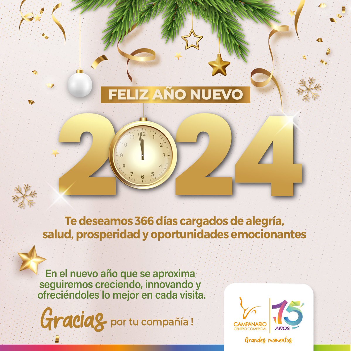 ✨ ¡Feliz Año Nuevo, amigos, clientes, colaboradores y visitantes de Campanario Centro Comercial! 

Esperamos que el 2024 llegue cargado de Grandes Momentos, alegrías compartidas y éxitos inolvidables 🧡

¡A disfrutar este último día, por un año lleno de prosperidad y amor! 🥂🌆