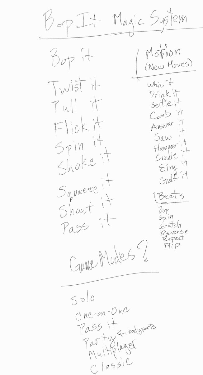 ArrowRandoman's tweet image. I went through my Notes app and found this one called "Bop-It as a Magic System?" I do not remember why I made it or what I was planning on doing with it. I'm posting this to spark creativity for others. How would you do this?
#Writing #TakeGoodNotes #WritingIdeas #MagicSystem