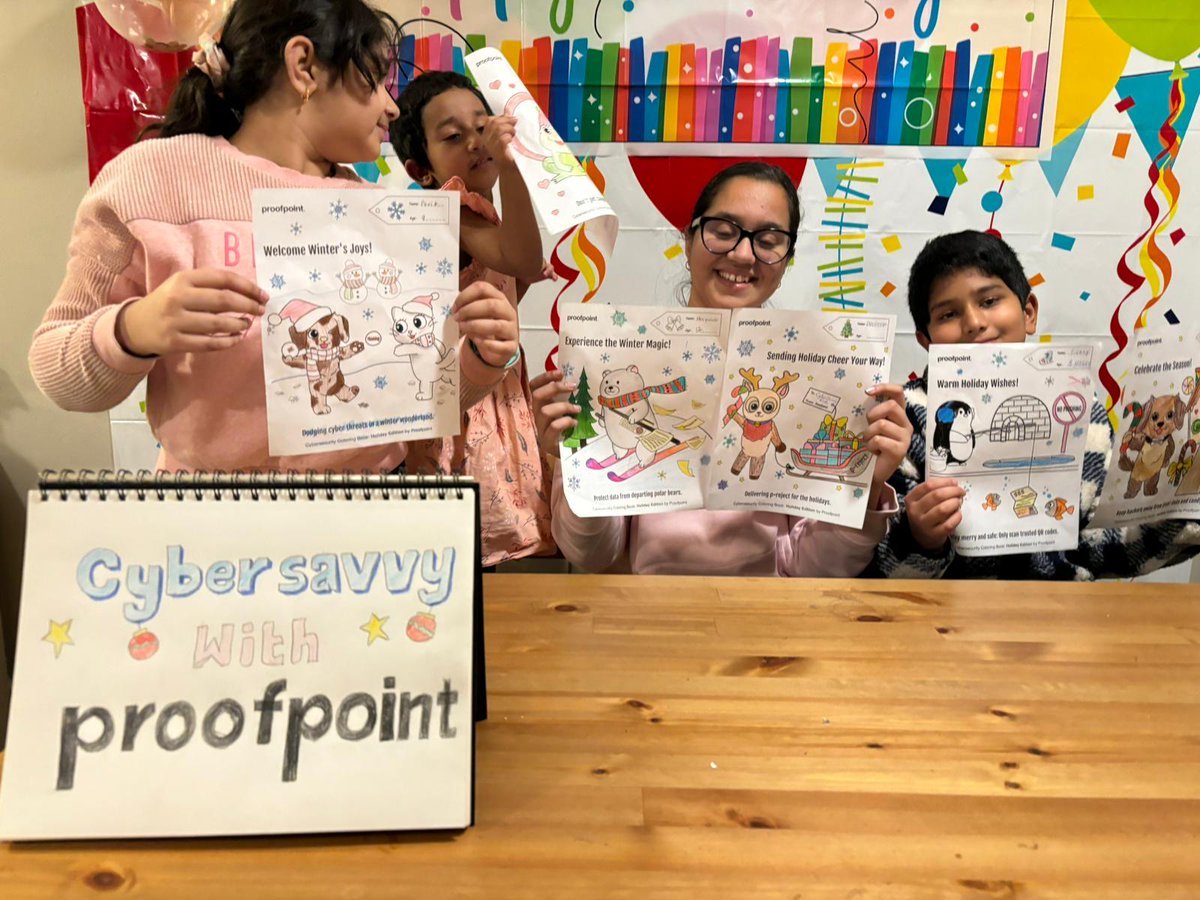 Simply_Lalith's tweet photo. Our kids had an amazing time coloring the @proofpoint Cybersecurity Coloring Book. We gathered around the table to discuss many ways we can all be cybersafe in the new year. Thanks for the #ProofpointHoliday edition of the coloring book. https://t.co/Ma8KQ7gOuU