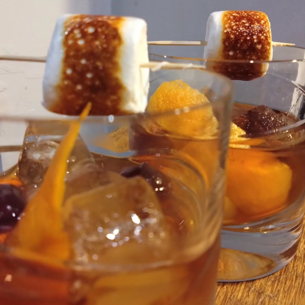 Starting the evening off with this. Toasted marshmallow cognac old fashioned. Happy new year.