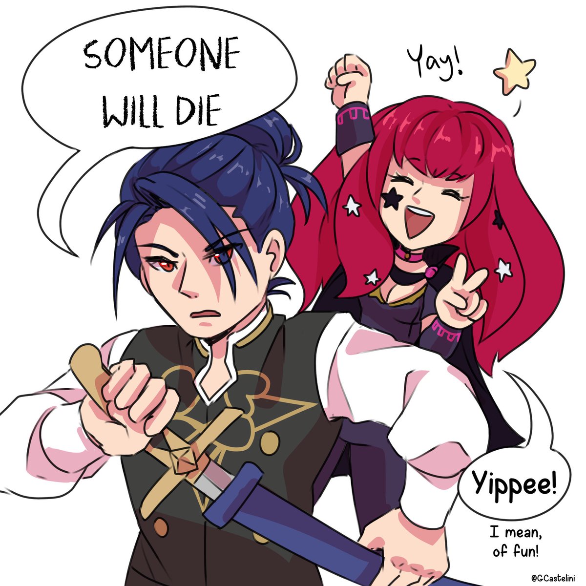 Digital drawing of Felix from Fire Emblem Three Houses and Yunaka from Fire Emblem Engage. To the left is Felix wielding his sword with the text bubble above him saying "Someone will die". Behind Felix is Yunaka with her fist in the air and a peace sign in her other hand. Above her says "yay!" Her text bubble below her says "YIPPEE!" "I mean of fun!"