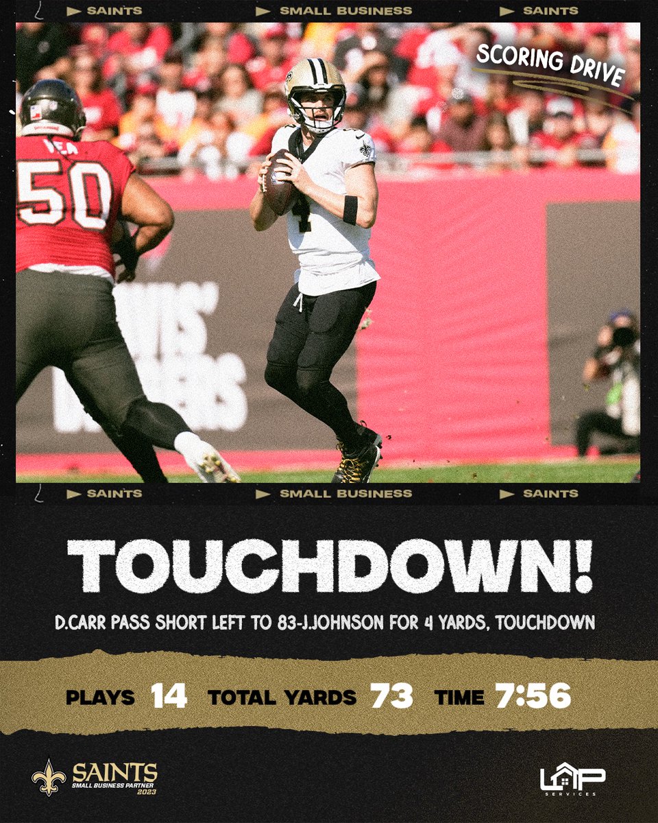 Saints's tweet photo. .@derekcarrqb to @juwanplease  for a 4yd TD!

#Saints | @LAPServicesLA https://t.co/bSVTnfU1jn