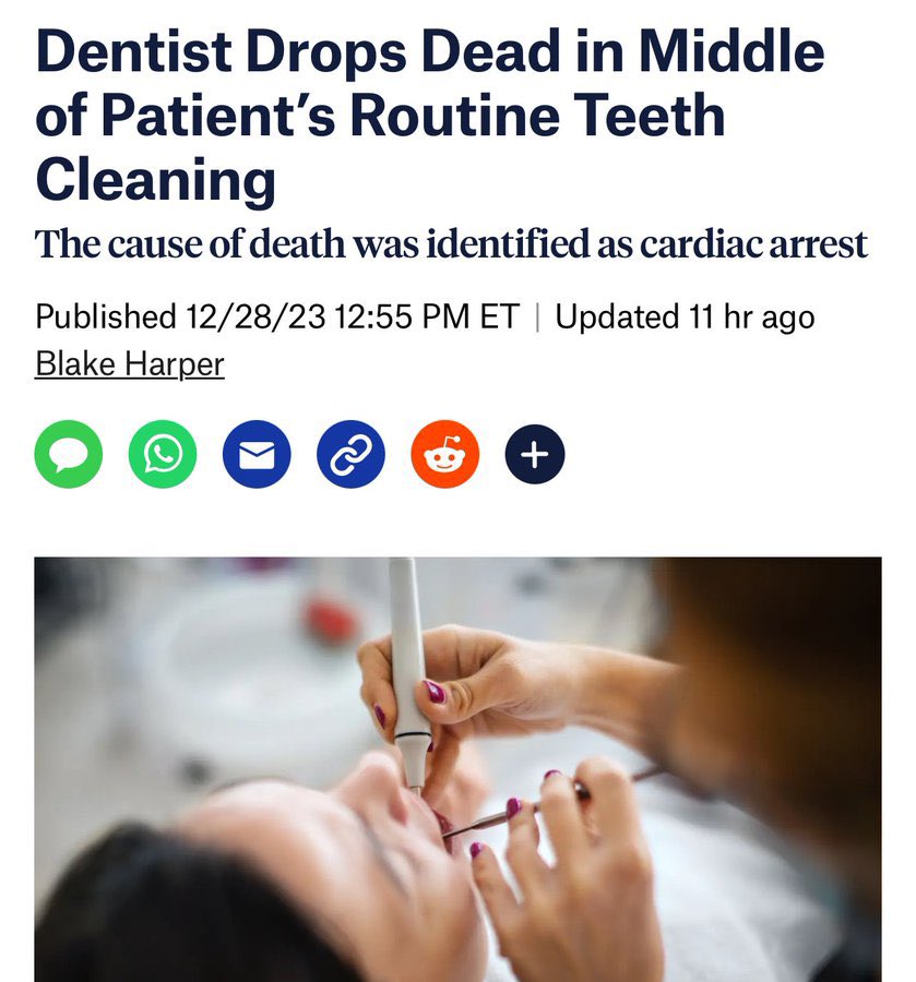 DiedSuddenly_'s tweet photo. A California Dentist DIES SUDDENLY in the middle of a routine teeth cleaning due to cardiac arrest 💉

California had one of the most strict vaccine policies in the country for health and medical workers. https://t.co/95jokWmgHW