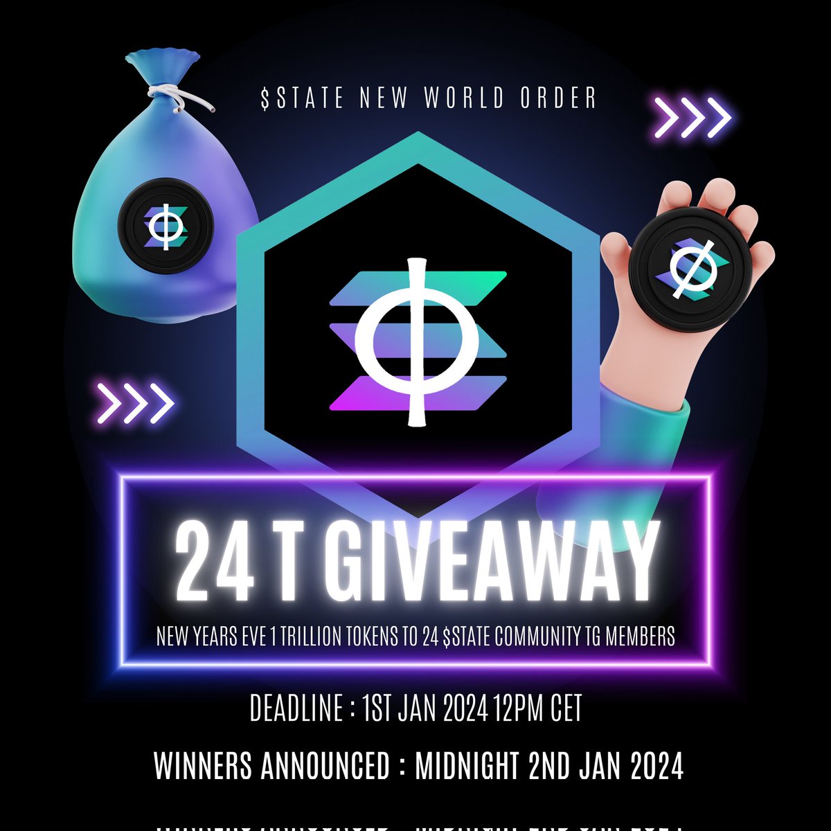 statesmoker's tweet photo. 🚨 $STATE ON $SOL 24 T TOKENS #GIVEAWAY 🚨
Rules:
RT & comment why YOU should win ♻️ 🗨
Join #STATE #Telegram
https://t.co/cm73BFGK65 and say 'Hi' to #Statizens #Community
Deadline 1/1/24 12pm CET
Winners announced 2/1/24 midnight 🚀
Good luck 24 winners to win 1T each https://t.co/gGcrraIVzF