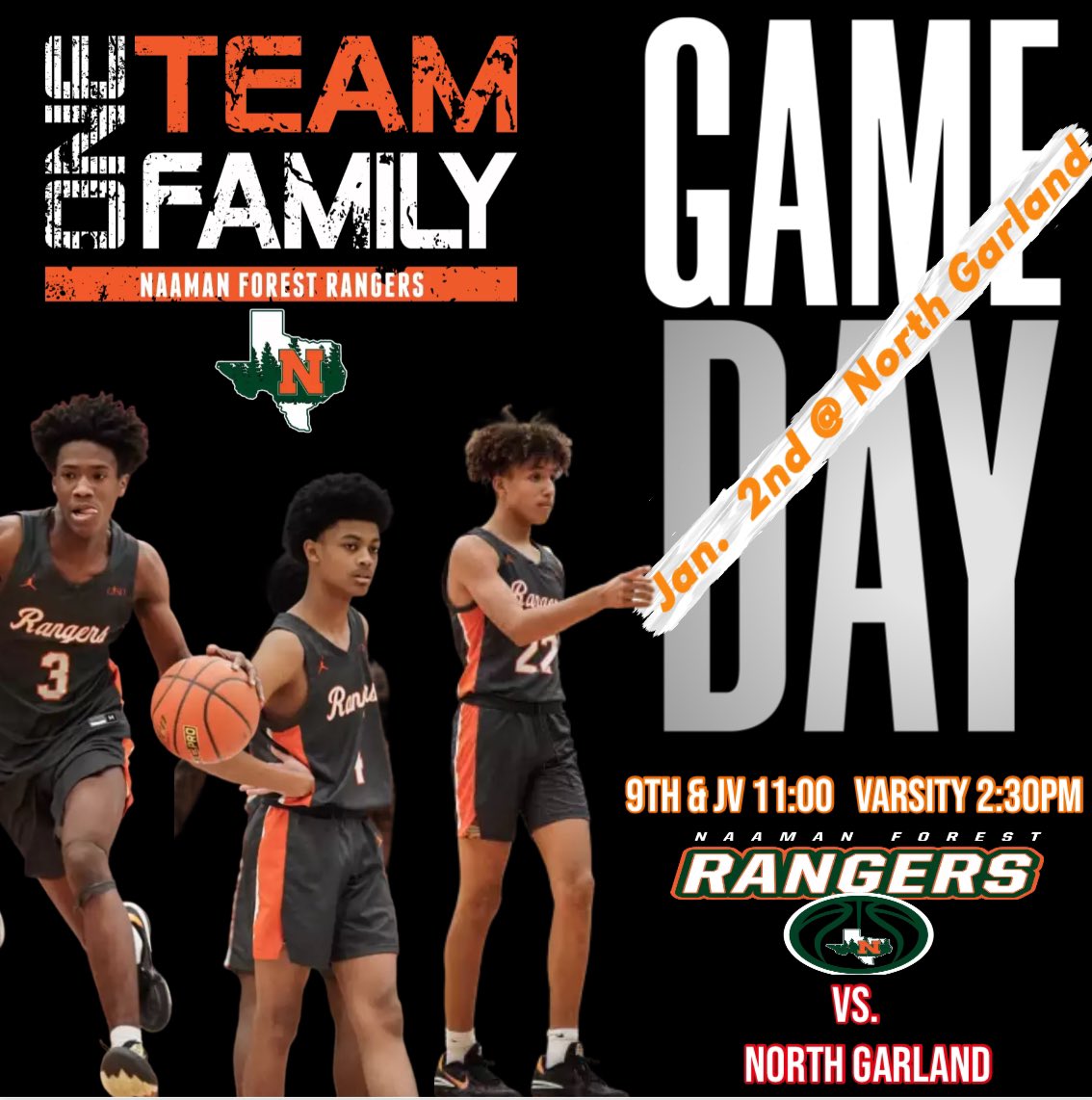 CountOnGrant's tweet photo. Naaman Forest 🟢🟠🟢🟠(2-2)
vs.
North Garland  🔴⚪️🔴⚪️(1-2)
District 9-6A  

🗓 Tuesday, January 2, 2024
⏰ 11:00am 9th/JV    2:30pm Varsity
📍 2109 W Buckingham Rd Garland, TX 75042

@NFHS_Rangers @NGHSRAID3RATHDP 
@EvanDuncan2025 @1of1carter https://t.co/njW0UgxISD