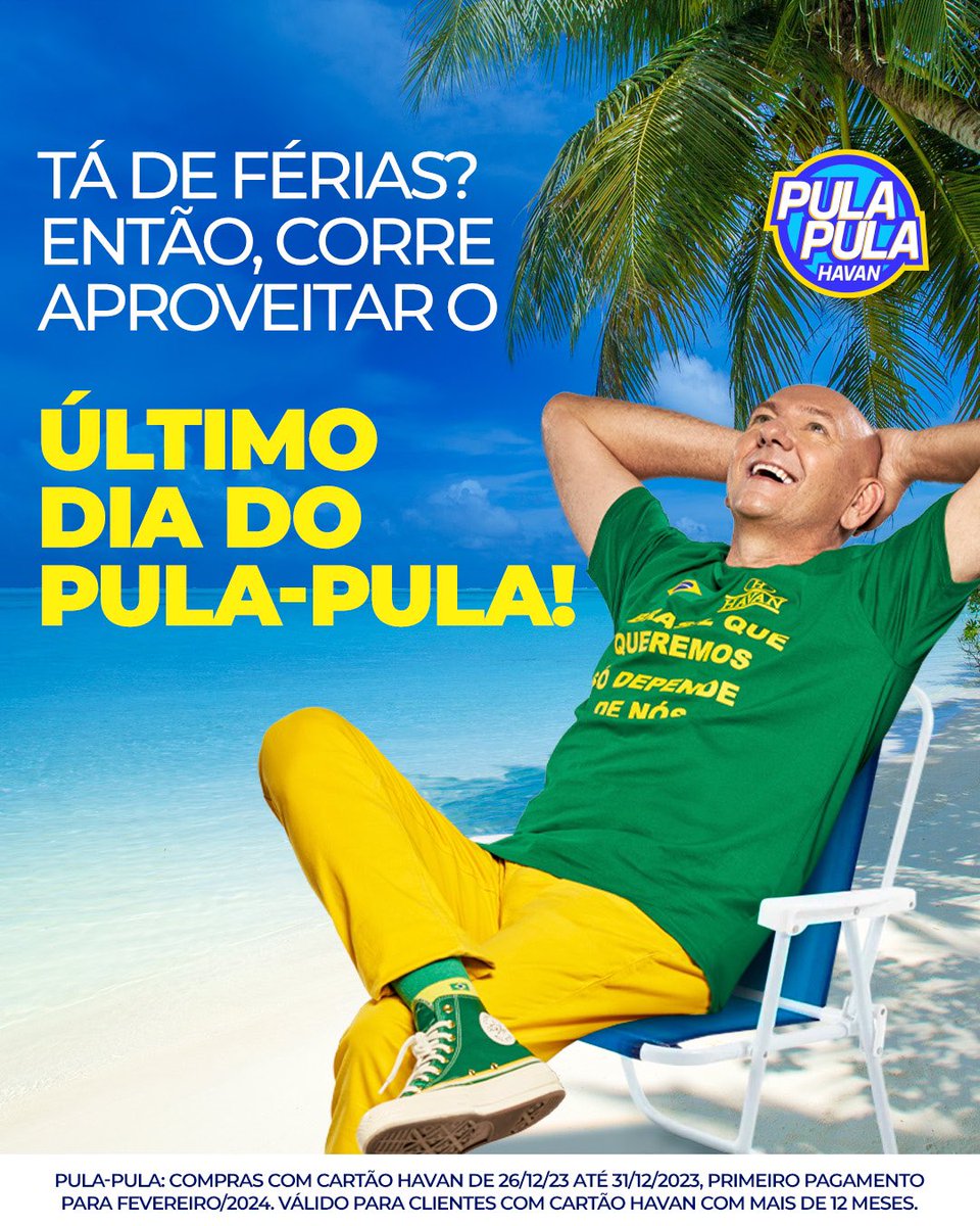 havanoficial's tweet photo. Tá de férias? 🏖️
 
Então, não esqueça de aproveitar o Pula-Pula.
 
Compre hoje e comece a pagar só em fevereiro.
 
É para você pular de alegria 🥳
 
Havan, onde comprar é um prazer!
 
#Havan #Férias #PulaPula https://t.co/1emol4Mz6z