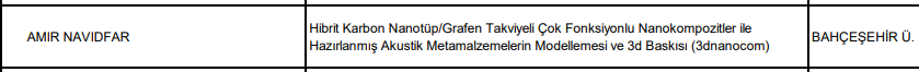 aMir_navidfar's tweet photo. Delighted to announce the acceptance of our TÜBİTAK1001 Project entitled "Modeling and 3D Printing of Acoustic Metamaterials Prepared with Hybrid Carbon Nanotube/Graphene Reinforced Multifunctional Nanocomposites (3DNANOCOM)".
#tubitak1001 @Bahcesehir @Bau_tto https://t.co/kclGINGurS