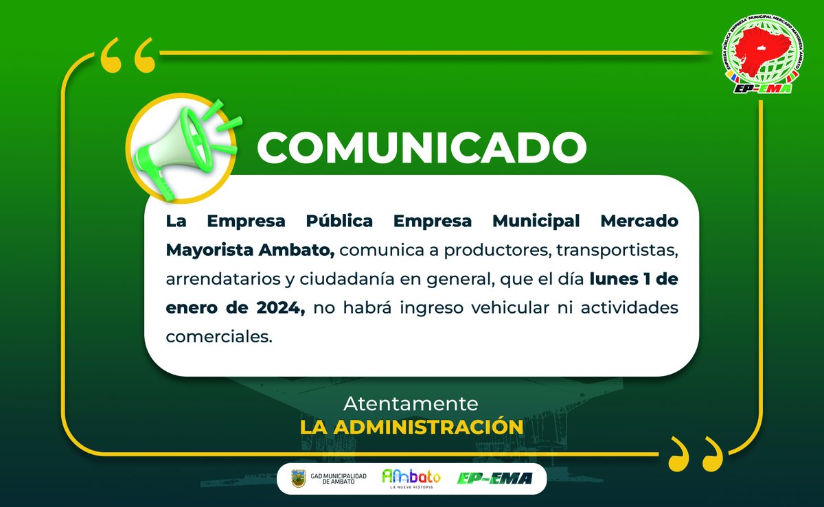 #COMUNICADO 

IMPORTANTE COMUNICADO📷📷📷

Queremos informarles que el día lunes 01 de enero de 2024, se suspenderá la atención a los usuarios, es decir no habrá ingreso vehicular ni actividades comerciales.

#MercadoMayoristaAmbato
#LaNuevaHistoria