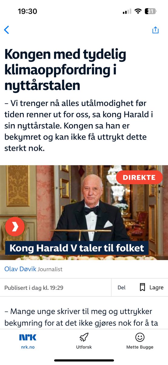 NRK sender ut nyttårstalen til kongen ett minutt før han begynner å tale på TV. Er det innafor?