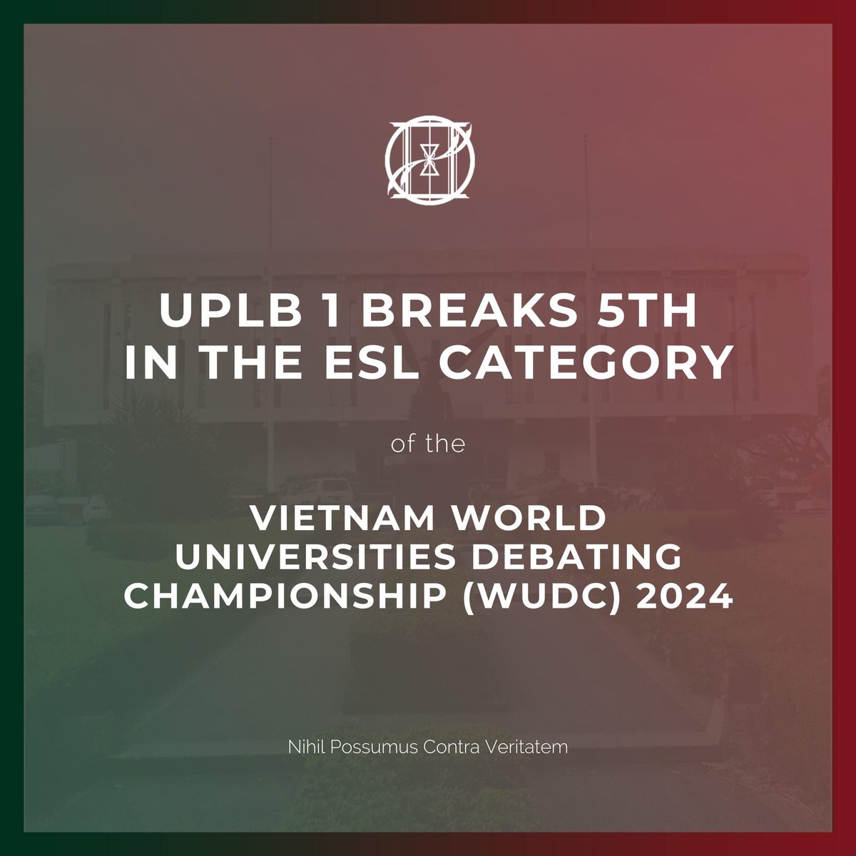 uplb_debate's tweet photo. The Parliament yells with pride as UPLB 1 (Ben Bensali and Lia Denise Tan) lands a spot in the World Universities Debating Championship 2024 as the 5th-breaking team in the ESL category! https://t.co/osKRHkTwGe
