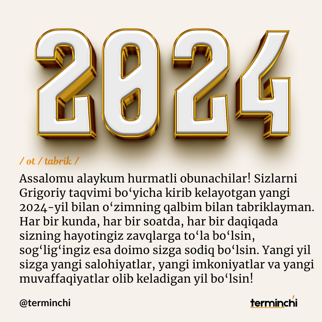 terminchi's tweet photo. Oʻzingizga mos tabrikni qabul qiling! 🙂
#tabrik
https://t.co/nufCKkyKo8 https://t.co/bpongPaMWQ