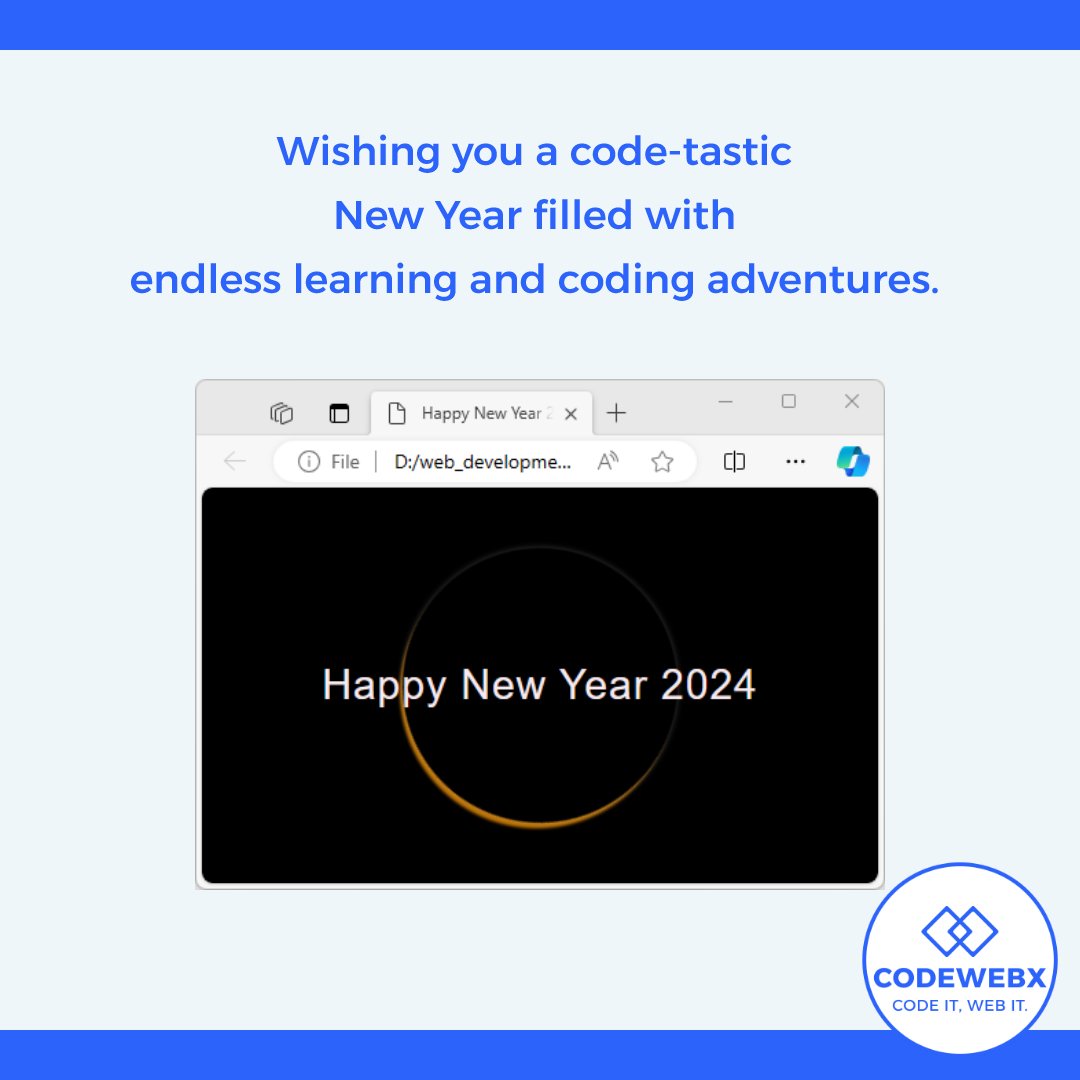 codewebxsl's tweet image. ๐HAPPY NEW YEAR 2024!๐
Wishing you a code-tastic New Year filled with endless learning and coding adventures.
Happy New Year 2024 from CODEWEBX
Code: github.com/codewebx/Happyโฆ
#codewebx #codewebxsl #webdesign #webdesigner #webdeveloper #webdevelopment #webdev #webdesigner