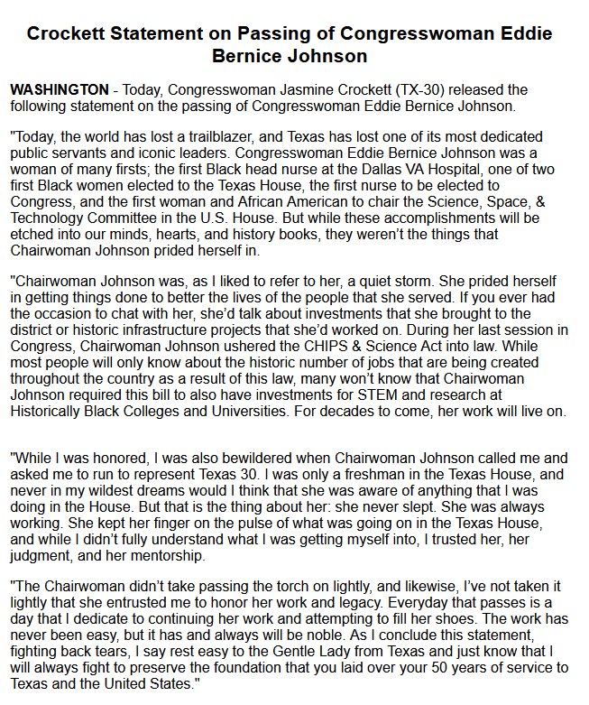 Today, the world has lost a trailblazer, and Texas has lost one of its most dedicated public servants and iconic leaders. Read my full statement on the passing of Chairwoman Eddie Bernice Johnson.