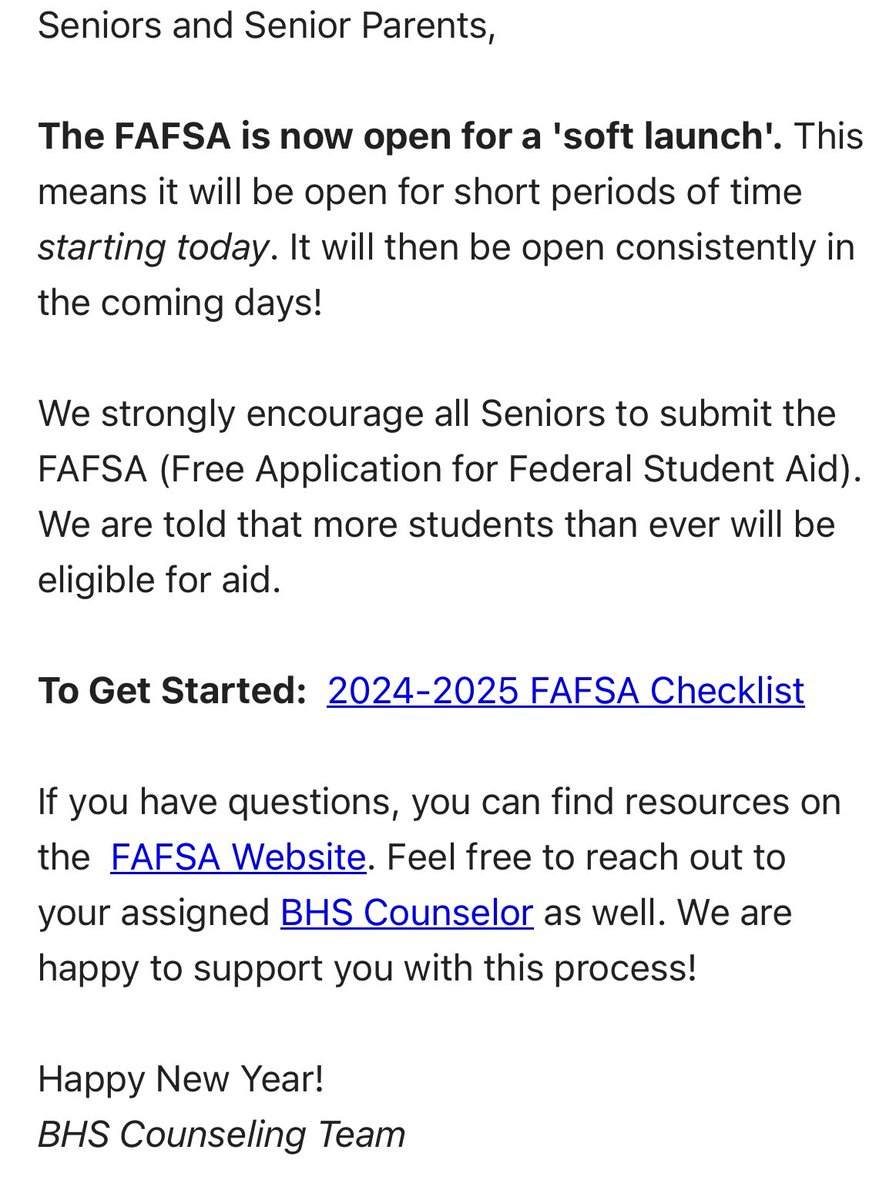 BeechwoodCnslrs's tweet photo. FAFSA IS NOW OPEN. See the image for our instructions to seniors and senior parents. Clickable links in the comments. Happy almost new year 😀 #wearebeechwood https://t.co/bANNMZUmUT