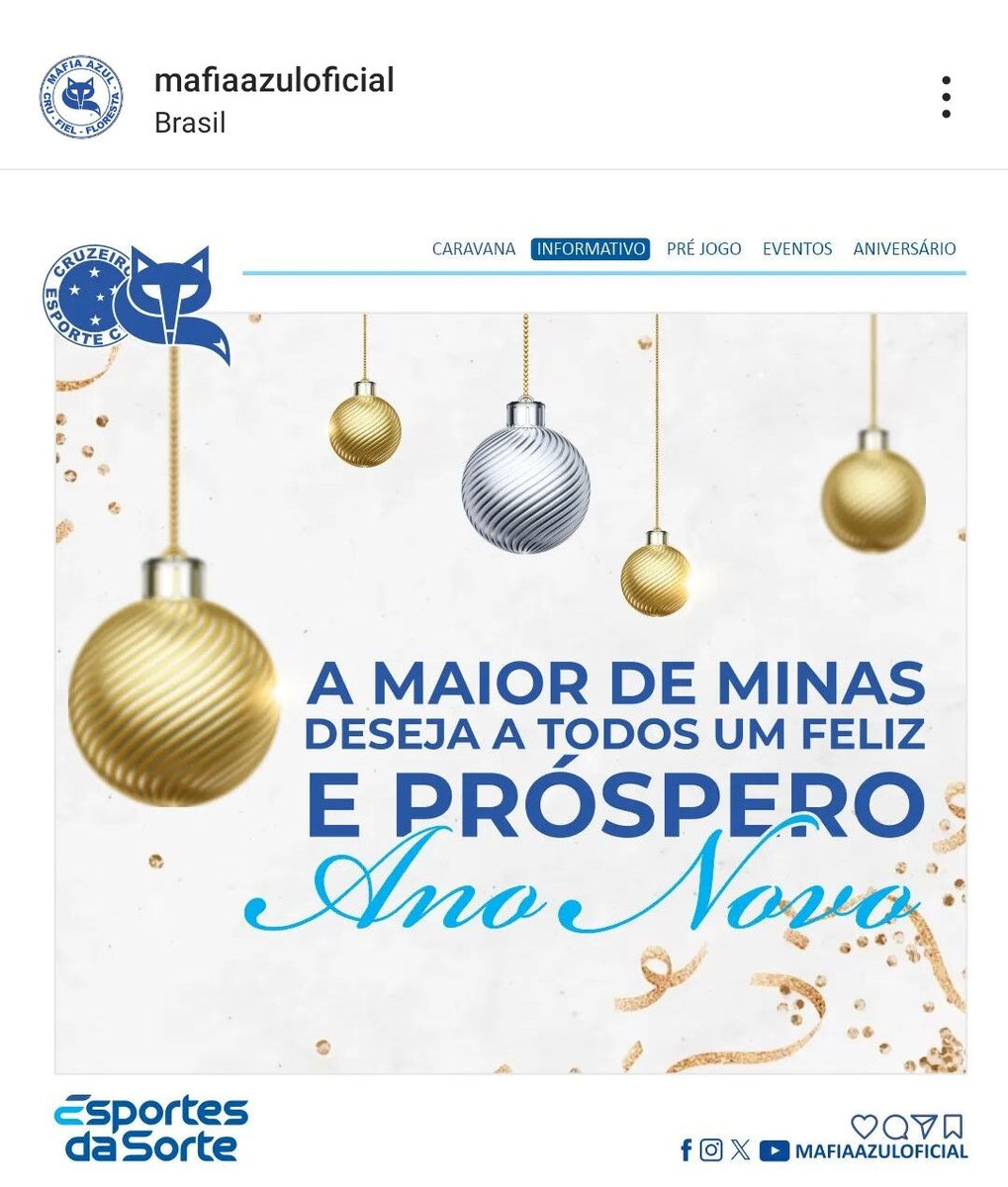 EdersonBarbos13's tweet photo. @mafiaazuloficial
Vem aí um novo ano. Um ano para mostrarmos
que podemos fazer cada vez melhor! Um ano para novas
vitórias e realizações. Que em 2024 tenhamos muitos
momentos de felicidades e glórias.
A MAIOR DE MINAS DESEJA A TODOS UM FELIZ E PRÓSPERO
ANO NOVO! https://t.co/s8hVVP0vSS