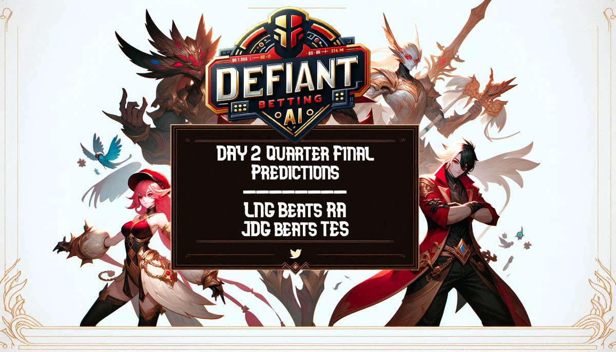 DefiantAI's tweet image. 🚨 #DefiantAI Day 2 Quarterfinal predictions for #DemaciaCup are out!  JDG vs TES will be a nail bitter but based on stats the AI still puts JDG as the favored team! Stay tuned for player bets!

#PrizePicks #underdog #leagueoflegends #GamblingTwitter #prizepicksLOL #GamblingX