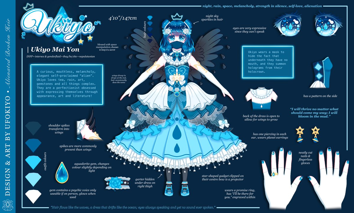 💙「 Ukiyo, Blue Rose Broken Heir 」💧

“My melancholy blue rose; hold all my love in the depths of the deepest starry nights.”

My persona’s official reference sheet, it’s the first one I’ve ever made! Any interaction is highly appreciated, I  spent so long on this! Notes below!