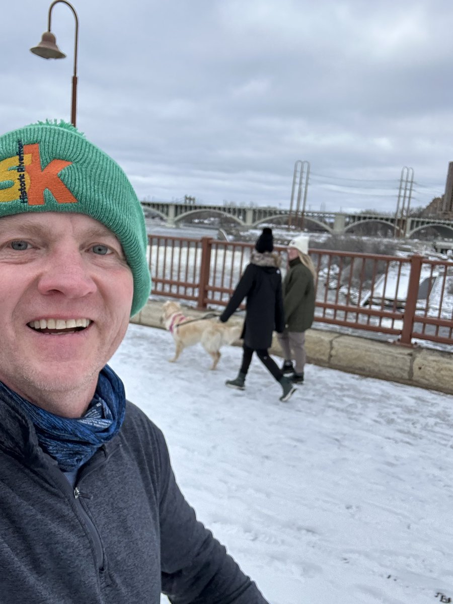 corinhoggard's tweet photo. The last #HogJog of 2023 was the first truly snowy time to #RunTheRiver.
The trails are beautiful, but a bit of a slog.
Even Stone Arch Bridge was covered in caked snow, but St. Anthony Falls is flowing fast and I saw a lot of dogs enjoying the new terrain. https://t.co/aI16jcilBO