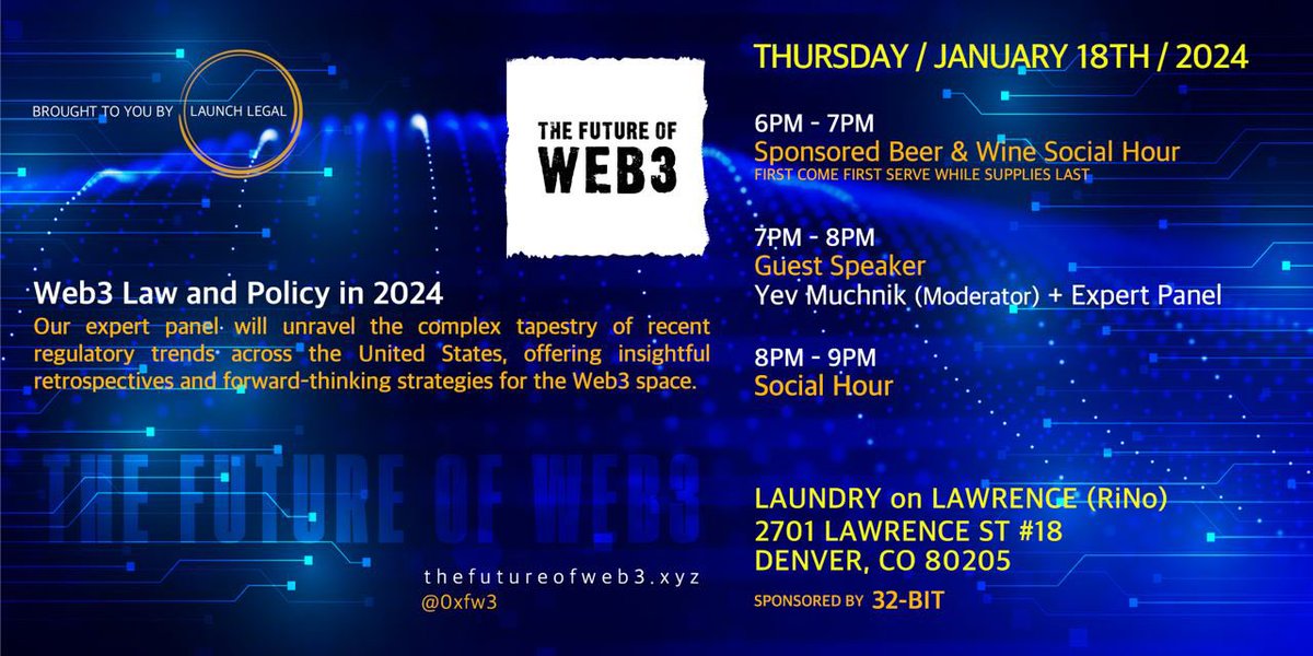 The FW3 (@0xfw3) on Twitter photo We’re kicking off the new year in style with an expert panel moderated by CO’s own <a href="/MuchnikYev/">yevvvy 🇺🇦🇺🇦🇺🇦</a>.
Join us Jan 18th for a journey through the legal crypto labyrinth that was 2023.
RSVP Here:
lu.ma/web3policy We’re kicking off the new year in style with an expert panel moderated by CO’s own <a href="/MuchnikYev/">yevvvy 🇺🇦🇺🇦🇺🇦</a>.
Join us Jan 18th for a journey through the legal crypto labyrinth that was 2023.
RSVP Here:
lu.ma/web3policy