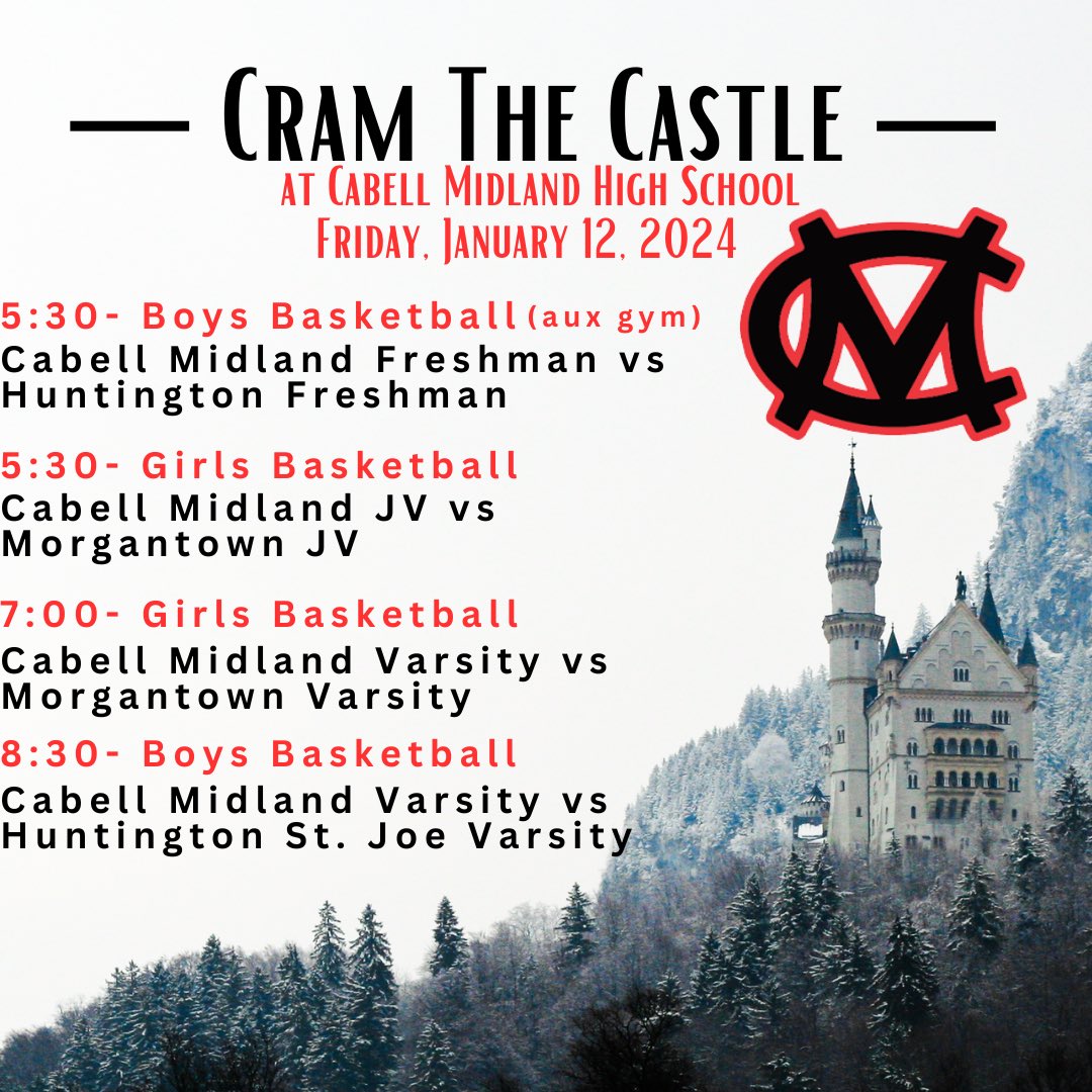 Cabell Midland Boys Basketball (@cmhshoops) on Twitter photo Friday, Jan. 12 is “Cram The Castle” at CMHS sponsored by Midland Insurance - Dan Kinder & Erie Insurance. First 100 students in attendance will get a Cram the Castle shirt. Boys freshman vs Huntington, Girls JV/varsity vs Morgantown and boys varsity vs St. Joe. <a href="/cmhsgirlshoops/">Cabell Midland Girls Basketball</a> Friday, Jan. 12 is “Cram The Castle” at CMHS sponsored by Midland Insurance - Dan Kinder & Erie Insurance. First 100 students in attendance will get a Cram the Castle shirt. Boys freshman vs Huntington, Girls JV/varsity vs Morgantown and boys varsity vs St. Joe. <a href="/cmhsgirlshoops/">Cabell Midland Girls Basketball</a>