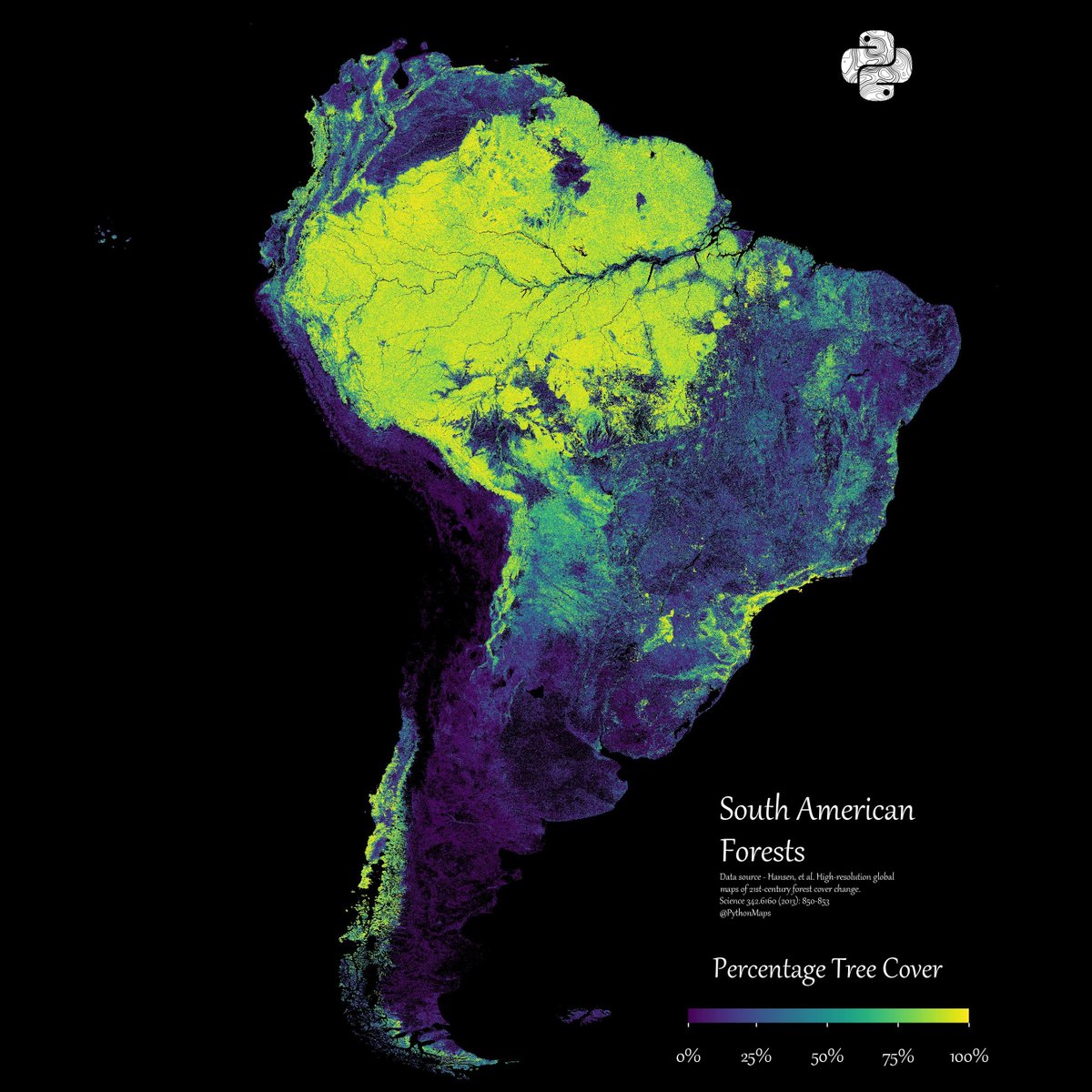 PythonMaps's tweet image. Ending 2023 with my favourite map. South American forests. See you next year!
