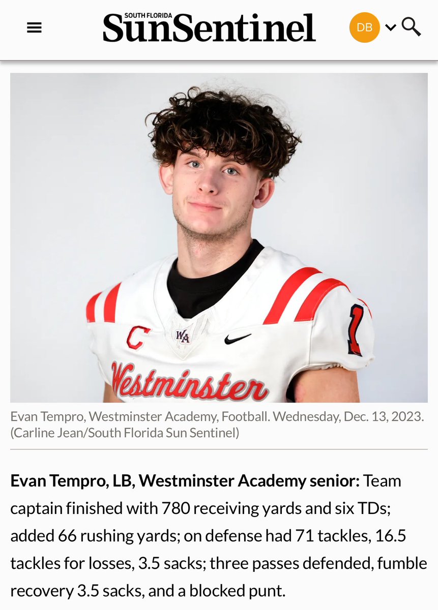 WALionsFB's tweet photo. Congratulations to Senior LB Evan Tempro @TemproEvan on being named to the @SunSentinel 1st Team All-County‼️ https://t.co/rLg51zsl4r